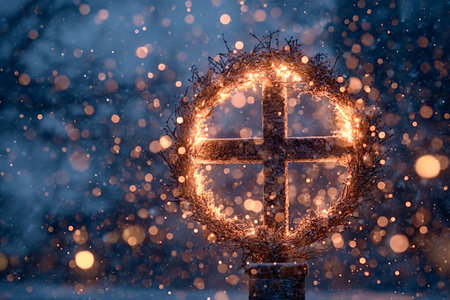 Illuminated twig wreath featuring a wooden cross, sparkling with golden lights as snow falls gently against a bokeh background, depicting a serene winter holiday sceneの写真素材
