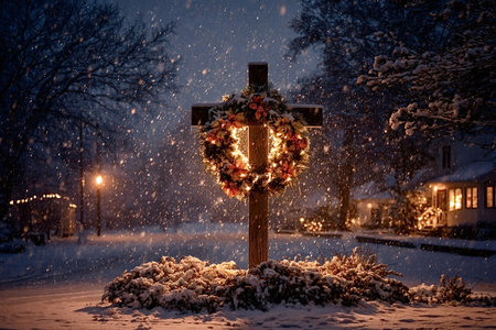 Wooden cross standing in the snow holding a glowing Christmas wreath with lights, symbolizing Christian holiday and winter season during a peaceful nighttime snowfallの写真素材