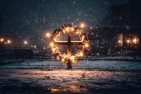 Illuminated cross adorned with a festive wreath, standing in a blanket of snow during a dark winter night, evoking themes of faith, remembrance, and the holiday seasonの写真素材