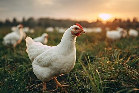 White chicken walking on a green pasture with other poultry birds grazing in the background, showing...