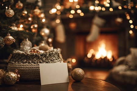 Warm living room creating a festive holiday atmosphere with glowing Christmas tree lights, a decorated knitted basket, a blank greeting card, and a burning fireplace in the blurry backgroundの写真素材