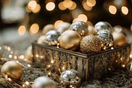 Christmas ornaments in gold and silver, featuring glitter and smooth finishes, filling a decorative box surrounded by sparkling fairy lights and warm bokehの写真素材