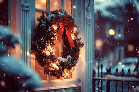 Evergreen wreath adorning a window with warm interior lights while snowflakes fall gently, creating...