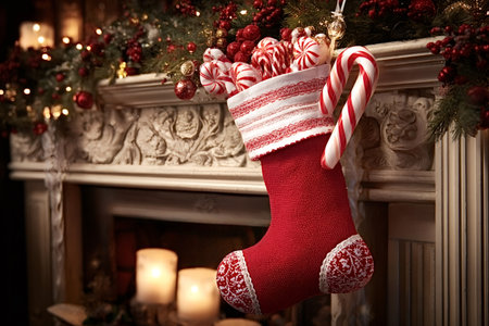 Red christmas stocking hanging on a decorated fireplace mantel, overflowing with swirl peppermint...
