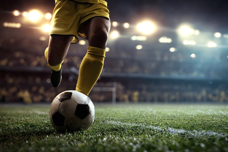 Soccer player's legs wearing yellow uniform and cleats preparing to kick a classic black and white soccer ball on a green grass field during a vibrant night game in a illuminated stadiumの写真素材