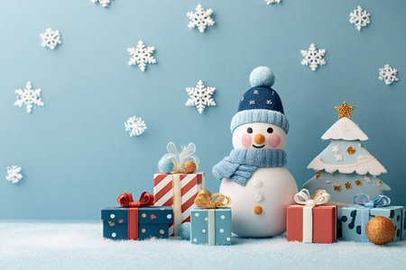 Snowman character in blue knitted hat and scarf stands in artificial snow with wrapped gifts and a decorated Christmas tree against a pale blue, snowy backgroundの写真素材