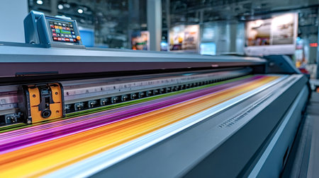 Large format digital printer processing multicolored cmyk ink production on a sheet, showcasing modern industrial technology in a professional print shop environmentの写真素材
