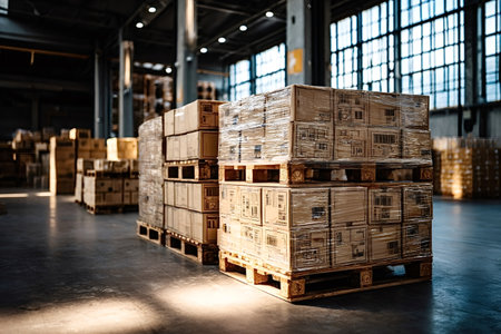 Cardboard boxes wrapped in plastic film are stacked on wooden pallets inside a large industrial warehouse, representing efficient shipment, storage, and distribution in logisticsの写真素材