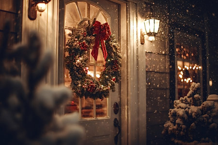Christmas wreath with red bow and berries adorning a front door, illuminated by glowing lanterns and string lights inside, welcoming guests during a festive snowy nightの写真素材
