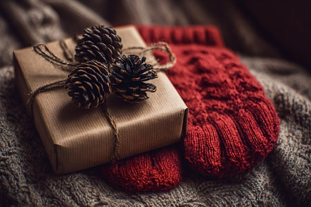 Gift box wrapped in craft paper and decorated with pinecones, resting on a red knitted mitten and brown cable knit blanket, evoking a warm holiday feelingの写真素材