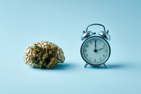 Human brain model with dried cannabis buds symbolizing the impact of marijuana on mental health and...