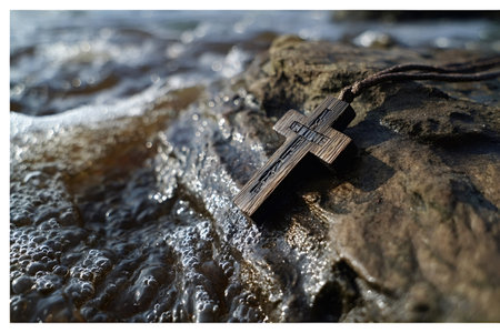 Wooden cross necklace on a wet rock at the shore, ocean waves and bubbles washing around it symbol...