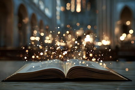 Book pages opening with golden light particles emanating from its center, symbolizing knowledge, magic, and storytelling within a softly blurred church interiorの写真素材