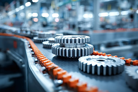 Metal gears moving along an orange chained conveyor belt in an industrial factory, symbolizing manufacturing, automation, technology, precision engineering, and industrial productionの写真素材