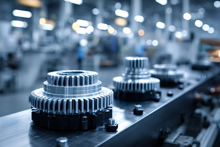 Gears moving along a blue toned production line in a modern manufacturing facility, showcasing industrial machinery parts for assembly and technology developmentの写真素材