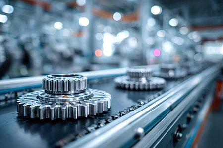 Precision metal gears traveling on an automated conveyor belt system in a modern manufacturing facility, representing industrial production, efficiency, and technological processesの写真素材