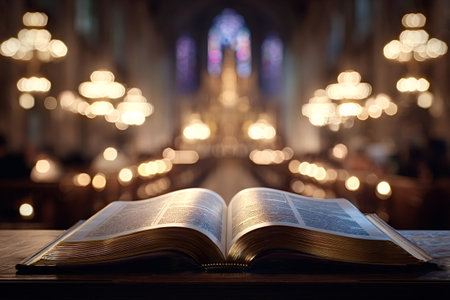 Open bible resting on a wooden surface in a softly lit church interior, featuring blurred stained...