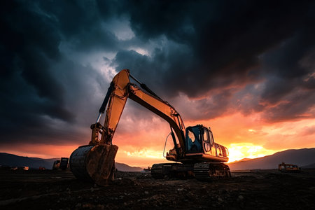 Orange excavator equipment standing on a construction site with a dramatic, colorful sky during sunset, showcasing heavy industry and earthmoving operationsの写真素材