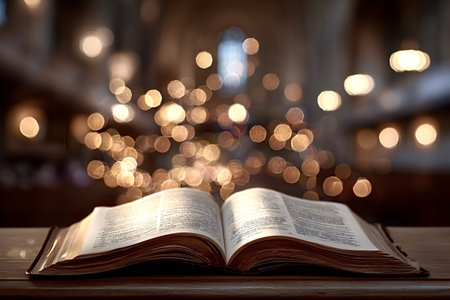 Open bible resting on a wooden surface with a soft glow illuminating pages, creating warm bokeh lights and emphasizing themes of faith, spirituality, and divine wisdomの写真素材