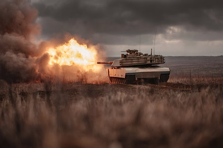 M1 abrams main battle tank firing main gun on battle training field, generating large muzzle flash and smoke against a dramatic sky, representing military power and modern warfareの写真素材