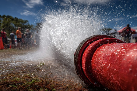 Red fire hose spraying high pressure water into a cooling splash with droplets and a blurred crowd in the sunny blue sky, providing relief at a summer outdoor eventの写真素材