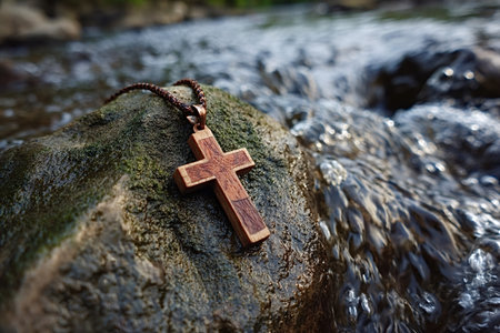 Wooden cross necklace, representing faith and spirituality, resting on a mossy wet rock beside a flowing stream, symbolizing baptism and new beginnings in natureの写真素材