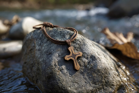Wooden cross necklace with an intricately carved design resting on a gray rock next to a flowing river, symbolizing faith, spirituality, and connection with nature in a serene outdoor settingの写真素材