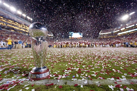Championship trophy on a confetti strewn football field in a stadium, celebrating the team's victory and achievement under bright lights with players visible in the backgroundの写真素材