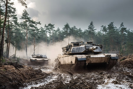 M1 abrams main battle tanks maneuvering through a deeply rutted and muddy forest track, kicking up dirt and water during a military exercise in challenging conditionsの写真素材