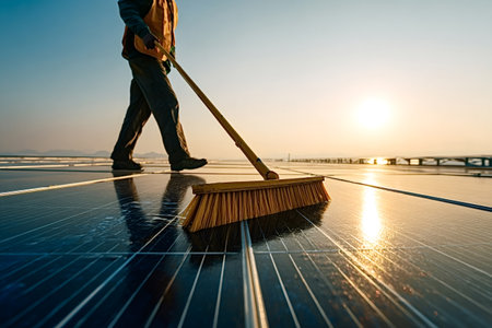 Worker in safety vest sweeping rooftop solar panels at sunset to maintain cleanliness and efficiency, supporting renewable energy production and sustainable power generationの写真素材
