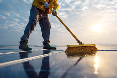 Worker is sweeping and washing solar panels on a rooftop power station at sunset, ensuring optimal performance for sustainable alternative energy productionの写真素材