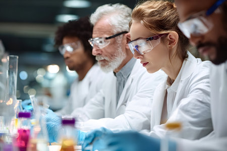 Diverse group of scientists in lab coats and safety goggles performing chemical research and experiments using test tubes and various substances in a modern laboratoryの写真素材