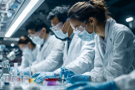 Group of diverse scientists wearing lab coats, safety glasses, and masks, performing scientific research and conducting experiments with various equipment in a high tech laboratory settingの写真素材