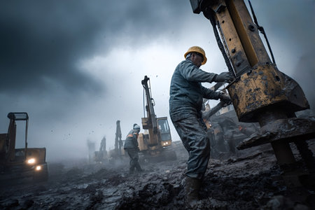Heavy industry workers wearing hardhats and dirty workwear diligently operating a large drilling machine on a muddy construction site under a dark. Stormy sky. Representing hard work and persistenceの写真素材