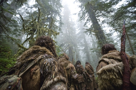 Prehistoric tribal hunters in fur and hide trekking through a foggy primeval forest with bows and...