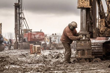 Worker in protective gear adjusting a large pile driver, working hard in a muddy and dirty industrial environment, highlighting difficult manual labor on a construction siteの写真素材