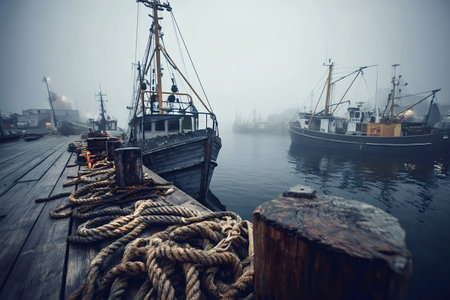 Fishing boats moored along a weathered wooden pier in dense fog, nautical ropes coiled on the dock, moody maritime scene evoking solitude and vintage coastal industryの写真素材