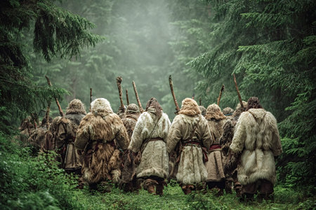 Tribe of primeval people wearing fur clothing and carrying ancient wooden weapons, walking through a lush cold forest, representing ancient civilization, survival, and a primitive way of lifeの写真素材