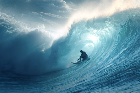 Surfer carving deep inside a perfect blue barrel, skill and balance on display as rider powers...