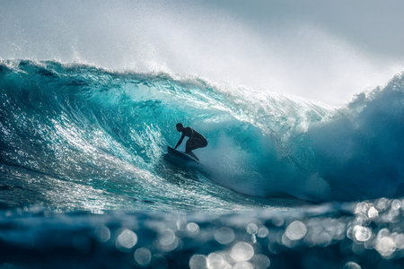 Surfer skillfully navigating a powerful blue ocean wave, entering a deep barrel with spray and sunlight creating a dynamic water sport scene, epitomizing balance and an extreme nature connectionの写真素材