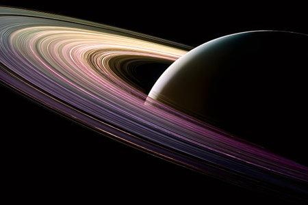 Saturn&#039;s iconic rings showcasing their immense scale and complex structure, glowing with vibrant celestial colors against the dark vacuum of space and the planet&#039;s dark, shadow draped surfaceの写真素材