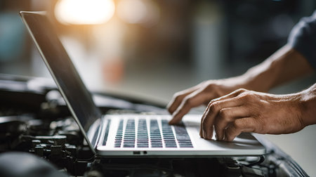 Mechanic's hands typing on a laptop computer, performing electronic diagnostics on a car engine in a professional garage workshop, symbolizing modern automotive repairの写真素材