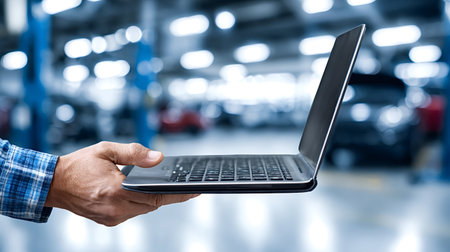 Mechanic's hand holding a laptop, performing digital diagnostics and servicing a vehicle in a modern...