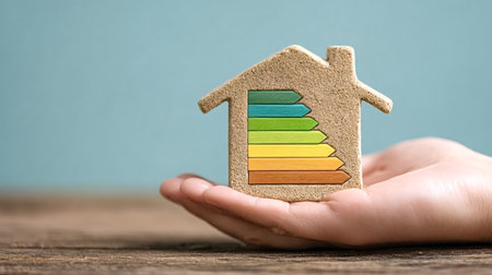Hand holding small house icon with energy efficiency rating chart, symbolizing sustainable living, green building and home energy savings on blue wood backgroundの写真素材