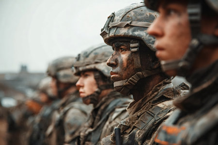 Mud covered military soldiers, wearing camouflage helmets and uniforms, standing in formation with...