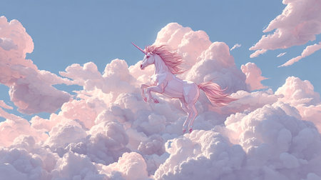 Unicorn with flowing pink mane and tail prancing majestically high above the earth, symbolizing fantasy, dreams, aspirations, innocence, and freedom in an enchanting sceneの写真素材