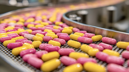 Medicine capsules in vibrant pink and yellow colors are advancing on a manufacturing production line...