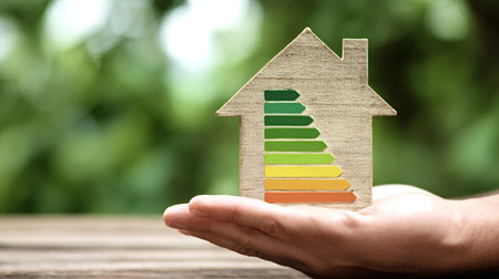 Hand holding a wooden house model displaying a colorful energy efficiency rating chart, symbolizing green building, sustainable living, and home energy conservation initiativesの写真素材