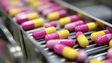 Pharmaceutical pills and capsules produced on an industrial conveyor belt, symbolizing healthcare manufacturing, medicine production, and the global supply chain for drugsの写真素材
