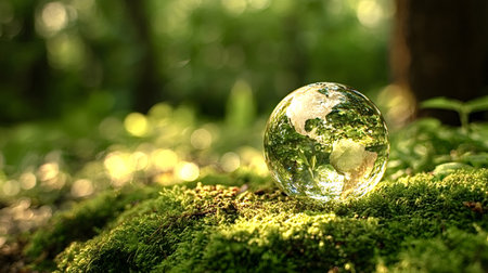 Glass earth globe placed on vibrant green moss in a natural forest environment, symbolizing global environmental care, conservation, and the fragility of our planetの写真素材
